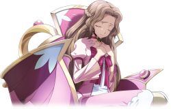 Rule 34 | 1girl, artist request, bow, braid, brown hair, choker, closed eyes, closed mouth, code geass, code geass: lost stories, collarbone, dress, female focus, flat chest, forehead, french braid, game cg, gold trim, hair intakes, hands on own chest, hands up, highres, juliet sleeves, long dress, long hair, long sleeves, non-web source, nunnally vi britannia, official art, own hands together, pink dress, powered wheelchair, puffy sleeves, purple bow, purple choker, raised eyebrows, serious, sidelocks, simple background, sitting, solo, transparent background, wheelchair