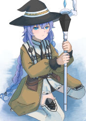 Rule 34 | 1girl, absurdres, blue eyes, blue hair, blush, boots, braid, brown coat, coat, commentary, crossed bangs, full body, hair between eyes, hat, highres, holding, holding staff, kneeling, large hat, long braid, long hair, long sleeves, looking at viewer, mage staff, mushoku tensei, parted lips, reopa, roxy migurdia, staff, thigh boots, twin braids, very long hair, white boots, witch hat