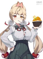 Rule 34 | 1girl, absurdres, alice thymefield, animal ears, artist name, blonde hair, bowl, breasts, cleavage, commentary, cowboy shot, food, fruit, green skirt, hair ornament, hand on own hip, heterochromia, highres, holding, holding bowl, long hair, long sleeves, low twintails, mango, n3moni, no gloves, orange eyes, popped button, rabbit ears, rabbit girl, shaved ice, shirt, simple background, skirt, solo, twintails, twitter username, utensil in mouth, white background, white shirt, yellow eyes, zenless zone zero