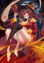 Rule 34 | 1girl, 1other, absurdres, artist request, asymmetrical legwear, bandaged leg, bandages, bare shoulders, blush, boo tao (genshin impact), breasts, brown hair, cosplay, dress, fire, genshin impact, ghost, grin, hat, highres, hu tao (genshin impact), kono subarashii sekai ni shukufuku wo!, long hair, looking at viewer, medium breasts, megumin, megumin (cosplay), mismatched legwear, red eyes, shiny skin, short dress, single thighhigh, sitting, smile, takahashi rie, thighhighs, thighs, very long hair, voice actor connection