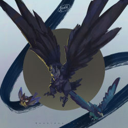 animal_focus bird character_name commentary_request corviknight corvisquire creature evolutionary_line flying full_body gen_8_pokemon grey_background highres jyunhh nintendo no_humans pokemon pokemon_(creature) rookidee signature simple_background
