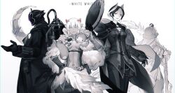 1boy 3girls absurdres bondrewd breasts cleavage cloak colossustotem greyscale hair_horns hat helmet highres holding holding_unworn_clothes holding_unworn_hat looking_at_viewer lyza_(made_in_abyss) made_in_abyss mask monochrome multiple_girls ozen simple_background spot_color srajo standing tail tall_female unworn_hat unworn_headwear
