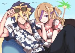 1boy 1girl absurdres aegislash alolan_exeggutor alolan_form blonde_hair blue_shirt breasts cleavage day garchomp gen_4_pokemon gen_6_pokemon gen_7_pokemon hair_between_eyes hair_ornament hair_over_one_eye hand_up hawaiian_shirt hetero highres looking_at_viewer nintendo outdoors pectoral_cleavage pectorals personification pokemon pokemon_(creature) red_shirt shirt sitting sunglasses yellow_eyes yokomiya4538