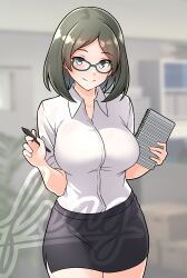1girl absurdres black_hair blush breasts collared_shirt furaggu_(frag_0416) glasses green-framed_eyewear highres indoors kantai_collection kirishima_(kancolle) large_breasts looking_at_viewer notebook office office_lady pen pencil_skirt shirt short_hair short_sleeves skirt smile solo white_shirt