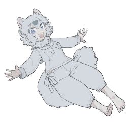 1girl animal_ears baggy_pants barefoot blue_eyes capri_pants extra_ears fangs full_body fur_collar grey_hair hair_between_eyes highres kemono_friends long_sleeves looking_at_viewer multicolored_hair neckerchief official_alternate_costume open_mouth pants raccoon_ears raccoon_girl raccoon_tail sailor_collar shirt short_hair sidelocks solo tail tanuki_(kemono_friends) toki_reatle two-tone_hair white_fur white_hair white_neckerchief white_pants white_shirt