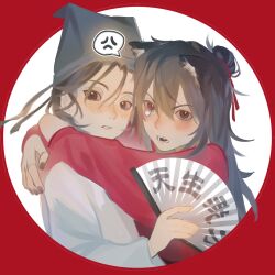 Rule 34 | 2boys, anger vein, animal ears, black eyes, black hair, black hat, black nails, blush, chinese clothes, chinese commentary, circle, coat, dao gui yi xian, dog boy, dog ears, fangs, folding fan, hair between eyes, hair bun, hair ribbon, half updo, hand fan, hand fan writing, hanfu, hat, hat ribbon, highres, holding, holding fan, hug, jin (headwear), kemonomimi mode, li huowang, long hair, long sleeves, looking at viewer, male focus, multiple boys, nail polish, open mouth, paper fan, parted lips, red background, red coat, red ribbon, ribbon, robe, simple background, single hair bun, speech bubble, spoken anger vein, updo, upper body, white background, white hanfu, yaoi, zhouzi jin (headwear), zhuge yuan, zzzz827027