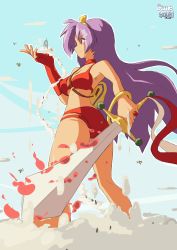 1girl absurdres artist_name ass athena_(series) bikini breasts cleavage giant giantess highres large_breasts legs lipstick long_hair makeup princess_athena purple_eyes purple_hair red_bikini shield snk solo swimsuit thighs weapon