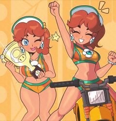 1girl ;p absurdres blue_eyes breasts brown_hair crop_top earrings flower_earrings hat highres holding holding_trophy jeff_miga jewelry mario_(series) mario_kart mario_kart_world midriff motor_vehicle motorcycle multiple_views navel nintendo official_alternate_costume on_motorcycle one_eye_closed open_mouth ponytail princess_daisy princess_daisy_(swimwear)_(mario_kart_world) shorts tan tongue tongue_out trophy white_hat