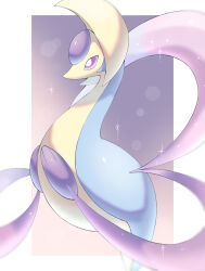 animal_focus blue_skin border bright_pupils colored_skin commentary_request cresselia forehead_jewel gen_4_pokemon gradient_background highres iwasi_29 legendary_pokemon multicolored_skin nintendo no_humans pokemon pokemon_(creature) purple_background purple_eyes two-tone_skin white_border yellow_skin