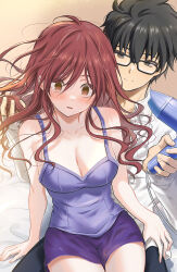 1boy 1girl alternate_hairstyle black-framed_eyewear black_hair blush breasts camisole cleavage collarbone commission dainatsu drying drying_another&#039;s_hair drying_hair fingernails glasses hair_dryer hand_in_another&#039;s_hair highres holding holding_hair_dryer long_hair looking_at_another noel_(tsukihime) open_mouth pixiv_commission purple_camisole purple_shorts shirt shorts sitting sitting_on_lap sitting_on_person smile tohno_shiki tsukihime white_shirt