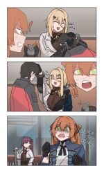 Rule 34 | !, !!, 1boy, 3girls, ?, andoris (girls&#039; frontline 2), apron, black gloves, blonde hair, bodysuit, bodysuit under clothes, breast press, breasts, brown apron, brown hair, cleavage, commander (girls&#039; frontline), commentary, english text, girls&#039; frontline, girls&#039; frontline 2: exilium, gloves, green eyes, hair between eyes, hair ornament, hair ribbon, hairclip, hand up, headpat, highres, indoors, long hair, long sleeves, looking at another, makiatto (girls&#039; frontline 2), mole, mole under eye, mole under mouth, multiple girls, natawaru, necktie, non-humanoid robot, open mouth, purple hair, red necktie, ribbon, robot, robot animal, sidelocks, smile, springfield (girls&#039; frontline), sweat, upper body, wa2000 (girls&#039; frontline)