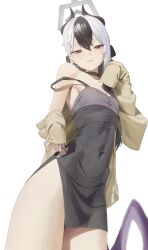 1girl absurdres bare_shoulders black_choker black_hair black_horns blue_archive blush choker collarbone diamond_necklace dress ear_piercing earrings hair_between_eyes hair_over_shoulder halo highres horns jacket jacket_partially_removed jewelry kayoko_(blue_archive) kayoko_(dress)_(blue_archive) long_hair looking_at_viewer multicolored_hair official_alternate_costume open_clothes open_jacket piercing red_eyes rifu002 simple_background solo two-tone_hair white_background white_hair white_halo