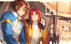 2boys 2girls absurdres ahoge armor breastplate brown_eyes brown_hair cancanbaobao55 cape coat eiyuu_densetsu elie_macdowell english_text green_eyes headpat highres lloyd_bannings long_hair mullet multiple_boys multiple_girls randolph_orlando red_hair short_hair sidelocks smile thighhighs tio_plato twintails white_hair yellow_eyes zero_no_kiseki