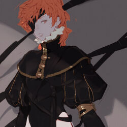 1girl androgynous black_capelet black_leotard black_sleeves buttons capelet eyepatch frills fringe_trim gold_trim high_collar highleg highleg_leotard highres large_buttons leotard long_sleeves looking_at_viewer mullet orange_eyes orange_hair original puff_and_slash_sleeves puffy_sleeves sideways_glance solo strap superboltkbh upper_body