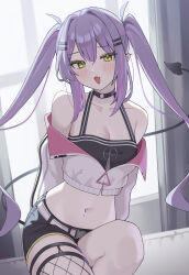 1girl black_shorts black_tank_top breasts center-flap_bangs colored_inner_hair commentary cowboy_shot crop_top demon_girl demon_tail double-parted_bangs english_commentary gradient_hair green_eyes hair_ornament hairclip highres hololive indoors jacket long_hair midriff multicolored_hair navel navel_piercing o-e331 piercing pink_hair pointy_ears purple_hair shorts small_breasts solo streaked_hair tail tank_top tokoyami_towa tokoyami_towa_(1st_costume) twintails very_long_hair virtual_youtuber white_jacket