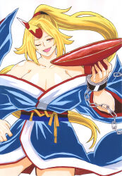 1girl absurdres alcohol black_sash blonde_hair blue_kimono breasts chain cleavage commentary_request cone_horns cowboy_shot cuffs cup fang high_ponytail highres horns hoshiguma_yuugi hoshiguma_yuugi_(kimono) japanese_clothes kimono large_breasts long_hair looking_at_viewer matsuri_kyuuta obi off_shoulder official_alternate_costume one_eye_closed open_mouth parted_bangs ponytail red_eyes red_horns sakazuki sake sash simple_background single_horn smile solo star_(symbol) touhou traditional_media white_background