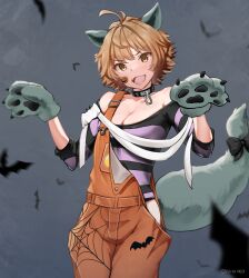 1girl animal_ears animal_hands bat_background breasts brown_eyes brown_hair food_in_pocket gloves halloween_costume kantai_collection mani_oniniku medium_breasts oboro_(halloween)_(kancolle) oboro_(kancolle) official_alternate_costume open_mouth orange_overalls overalls paw_gloves print_overalls pumpkin_ornament shirt short_hair solo sticker_on_face striped_clothes striped_shirt tail wolf_ears wolf_tail