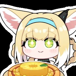 +_+ 1girl acomu414 animal_ear_fluff animal_ears animated animated_gif arknights blinking blonde_hair blue_hairband blush braid braided_hair_rings closed_mouth colored_tips commentary_request earpiece food fox_ears fox_girl green_eyes hair_rings hairband infection_monitor_(arknights) korean_commentary lowres multicolored_hair pineapple_on_pizza pizza solo suzuran_(arknights) two-tone_hair upper_body white_hair