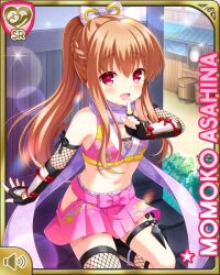 1girl :d arm_guards asahina_momoko bow brown_dress brown_hair brown_thighhighs card_(medium) character_name dress fishnet_thighhighs fishnets girlfriend_(kari) hair_bow hair_ribbon indoors kneeling midriff ninja official_art one_side_up open_mouth pink_bow pink_skirt purple_scarf qp:flapper red_eyes ribbon scarf side_ponytail skirt smile solo thighhighs
