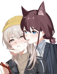 1101maryo 2girls animal_ears beanie bite_mark_on_face black_jacket black_sweater blush brown_sweater collared_shirt commentary corrupted_twitter_file dog_ears fang girls_band_cry grey_eyes grey_hair hand_on_another&#039;s_face hashtag-only_commentary hat highres holding holding_leash iseri_nina jacket kawaragi_momoka kemonomimi_mode leash long_hair multiple_girls open_mouth parted_lips red_hair saliva shirt short_twintails simple_background smile striped_clothes striped_shirt sweatdrop sweater twintails white_background white_shirt yellow_hat yuri
