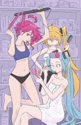 3girls absurdres ahoge akita_neru applying_makeup aqua_eyes aqua_hair bare_legs bare_shoulders barefoot black_eyeliner black_panties blonde_hair compact_(cosmetics) cosmetics curling_hair dressing drill_hair eyeliner hair_brush hand_mirror hatsune_miku highres holding holding_brush holding_mirror indoors kasane_teto long_hair makeup mirror mouth_hold multiple_girls naked_towel navel one_eye_closed panties red_hair slice_of_life sports_bra towel triple_baka_(vocaloid) truffleduster twin_drills underwear underwear_only utau vocaloid yellow_eyes