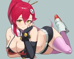 1girl absurdres bikini bikini_top_only black_gloves black_shorts boots breasts cleavage commentary commission elbow_gloves english_commentary gloves grey_background hair_ornament highres large_breasts legs_up long_hair lying navel on_stomach purple_thighhighs red_bikini red_hair short_shorts shorts skull_hair_ornament solo stomach swimsuit t-lex tengen_toppa_gurren_lagann thighhighs white_boots yellow_eyes yoko_littner