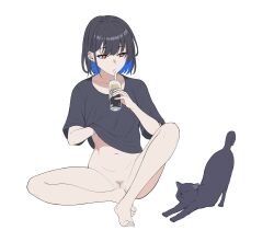 1girl barefoot black_cat black_hair black_shirt blue_hair bottomless can cat chain cleft_of_venus closed_eyes clothes_lift colored_inner_hair cross cross_earrings drinking drinking_straw drinking_straw_in_mouth ear_chain ear_piercing earrings feet female_admiral_(kancolle) female_pubic_hair full_body hand_under_clothes hand_under_shirt hand_up highres holding holding_can jewelry kantai_collection legs lifting_own_clothes linked_piercing looking_at_animal mouth_hold multicolored_hair naked_shirt navel original piercing pubic_hair pussy red_eyes shirt shirt_lift short_hair short_sleeves simple_background sitting sparse_pubic_hair stretching strong_zero t-shirt takaman_(gaffe) toenails toes white_background