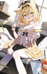 1girl absurdres ahoge animal_ears blonde_hair breasts cat cat_ears cat_girl cat_tail commentary_request commission denghuo_ju_(vtuber) dress glasses green_eyes hat heterochromia highres indie_virtual_youtuber indoors looking_at_viewer lumo_1121 medium_breasts pantyhose red_eyes semi-rimless_eyewear sitting skeb_commission solo tail under-rim_eyewear white_pantyhose yellow_dress
