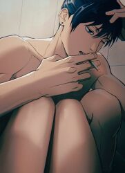 1boy ambiguous_gender between_fingers black_hair blue_eyes chainsaw_man cigarette earrings hayakawa_aki highres holding holding_cigarette jewelry knees_up male_focus one_eye_closed out_of_frame short_hair sitting smoking teeth topless_male yuana