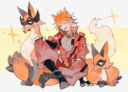 +++ :d ^_^ animal_ears arknights black_boots boots chiave_(arknights) chinese_commentary closed_eyes commentary_request fang fox_ears gen_8_pokemon goggles goggles_around_neck highres jumpsuit male_focus nickit nintendo open_mouth orange_hair pokemon pokemon_(creature) red_jumpsuit sitting skin_fang smile sparkle thievul tie_fei_wu_mang_dashuai