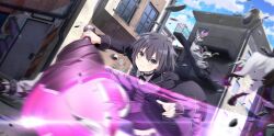 1girl black_coat black_hair black_jacket black_ribbon black_shorts black_vest breasts chloe_tang club_(weapon) coat engage_kill engage_kiss formal_clothes frilled_shirt frills game_cg hair_between_eyes highres holding holding_club holding_weapon jacket jewelry long_sleeves medium_breasts neck_ribbon official_art ribbon shirt short_hair shorts solo_focus vest weapon white_shirt yellow_eyes