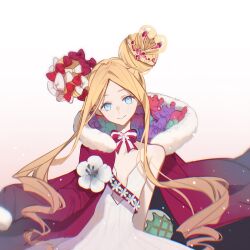 1girl abigail_williams_(fate) abigail_williams_(santa)_(fate) arms_behind_back bare_shoulders blonde_hair blue_eyes bow breasts cloak double_bun dress fate/grand_order fate_(series) forehead fur-trimmed_cloak fur_trim hair_bow hair_bun highres long_hair looking_at_viewer parted_bangs red_bow red_cloak sash sidelocks small_breasts smile solo stuffed_animal stuffed_toy teddy_bear tiara user_pxyz8223 very_long_hair white_bow white_dress