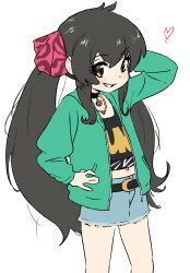 1girl absurdres ahoge belt black_hair child denim denim_skirt grin hair_between_eyes hands_on_own_hips heart highres idolmaster idolmaster_cinderella_girls long_hair matoba_risa midriff_peek nahari_(pfum4557) navel sidelocks simple_background skirt smile twintails white_background yellow_eyes