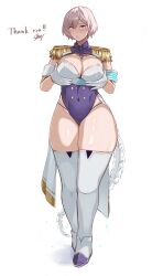 Rule 34 | 1girl, armband, arms under breasts, blue eyes, breasts, cleavage, commission, detached collar, epaulettes, gloves, gridman universe, large breasts, leotard, lips, mujina, pink hair, purple leotard, shee-p (inemurisheep113), shoes, short hair, skeb commission, solo, ssss.dynazenon, standing, thick thighs, thighhighs, thighs, white background, white gloves, white thighhighs, wide hips
