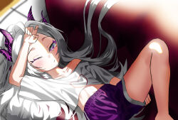 1girl absurdres ahoge bissong blue_archive blush demon_girl demon_horns heart highres hina_(blue_archive) horns indoors long_hair looking_at_viewer lying purple_eyes shirt solo white_hair white_shirt