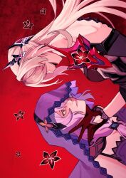 2girls acheron_(honkai:_star_rail) bare_shoulders black_choker black_gloves black_swan_(honkai:_star_rail) breasts chain chain_around_arm choker cleavage colored_extremities gloves hair_over_one_eye highres holding honkai:_star_rail honkai_(series) large_breasts long_hair multicolored_hair multiple_girls navel official_alternate_color ponzuponta39 purple_eyes purple_hair purple_veil red_hands red_petals single_bare_shoulder single_wide_sleeve streaked_hair veil very_long_hair