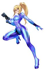1girl blonde_hair blue_bodysuit blue_eyes bodysuit breasts closed_mouth full_body gun hand_up handgun high_heels high_ponytail highres holding holding_gun holding_weapon knee_up large_breasts long_hair looking_at_viewer metroid nintendo outstretched_arm plasma_pistol ponytail samus_aran simple_background skin_tight solo v-shaped_eyebrows very_long_hair volyz weapon zero_suit