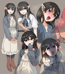 Rule 34 | 2boys, black hair, black nails, blue eyes, blush, bulge, dress, erection, erection under clothes, ergot, fingernails, gloves, highres, multiple boys, open mouth, original, penis awe, pointy ears, red hair, school uniform, surprised, trap, white gloves