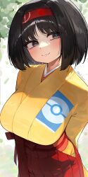 1girl black_hair blush breasts erika_(pokemon) grey_eyes hairband hakama highres japanese_clothes kashu_(hizake) kimono large_breasts long_sleeves looking_at_viewer nintendo pokemon pokemon_frlg red_hairband red_hakama short_hair smile solo yellow_kimono