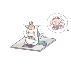 ! !! 1girl bell blush bow bowtie chibi commentary crown flying_sweatdrops highres honkai:_star_rail honkai_(series) horse_tail hyacine_(honkai:_star_rail) kuukiwantsleep little_ica_(honkai:_star_rail) open_mouth pegasus pegasus_wings speech_bubble spoken_character tail twintails weighing_scale white_background