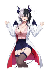 1girl absurdres black_hair black_horns black_skirt black_tail black_thighhighs black_wings blush breasts cleavage coat cosplay cowboy_shot demon_girl demon_horns demon_tail demon_wings fang frilled_shirt frills garter_straps grey_hair high-waist_skirt highres hololive hololive_english horns lab_coat large_breasts long_hair multicolored_hair navie2022 open_mouth pink_shirt shiori_novella shirt simple_background skindentation skirt solo surprised tail thighhighs two-tone_hair virtual_youtuber white_background white_coat wings yellow_eyes yuzuki_choco yuzuki_choco_(1st_costume) yuzuki_choco_(cosplay)