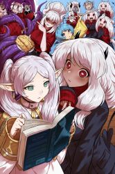 +_+ animal_ears azazel_(helltaker) beelzebub_(helltaker) black_horns black_necktie black_suit black_tail black_vest blue_eyes blue_hair blush book breasts bug business_suit cane capelet cerberus_(helltaker) clone_harem colored_skin dark-skinned_female dark_skin demon demon_girl demon_horns demon_tail dog dog_ears dog_girl earrings elf fifty_shades_of_grey floating_earrings fly formal_clothes freckles frieren green_eyes grey_skin haraya_manawari heart heart-shaped_pupils helltaker helltaker_(character) holding holding_book holding_cane horns insect jacket jewelry jubilee_2025 judgement_(helltaker) knife large_breasts long_hair long_sleeves luce_(jubilee_2025) lucifer_(helltaker) modeus_(helltaker) mole mole_under_eye multiple_girls necktie open_book pants parted_bangs pointy_ears portal_(object) raincoat reading red_eyes red_shirt red_suit red_sweater red_track_suit ribbed_sweater shirt short_hair skeleton_(helltaker) smile sousou_no_frieren suit sweater symbol-shaped_pupils tail teardrop_earrings tentacles the_bible track_jacket track_pants track_suit triplets twintails vest white_capelet white_eyes white_hair white_horns yellow_raincoat