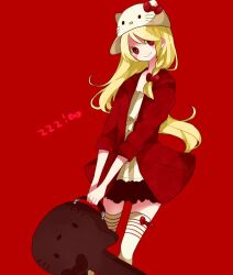 Rule 34 | bad id, bad pixiv id, blonde hair, blouse, braid, frilled skirt, frills, guitar case, hair ribbon, hello kitty, hello kitty to issho!, hood, hooded jacket, instrument case, jacket, long hair, maco22, red background, red eyes, ribbon, sanrio, shirt, side braid, skirt, sleeves rolled up, smile, thighhighs