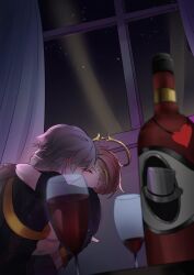 1boy 1girl absurdres alcohol blonde_hair bottle breasts caelus_(honkai:_star_rail) closed_eyes cup drinking_glass fingerless_gloves gloves grey_hair hans-kun hetero highres honkai:_star_rail honkai_(series) jacket kiss shirt short_hair siobhan_(honkai:_star_rail) trailblazer_(honkai:_star_rail) wine_bottle wine_glass