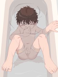 1boy absurdres anus barefoot bathtub black_hair feet flaccid foreskin highres male_focus navel nipples nose_pinch nude original penis perineum short_hair shota solo testicles toes underwater water zumi_mimimi