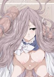 Rule 34 | 1girl, 3boys, breasts, brown eyes, brown hair, bukkake, censored, cum, cum on body, dark-skinned male, dark skin, facial, gangbang, group sex, hairjob, highres, large breasts, long hair, mosaic censoring, multiple boys, nipples, open mouth, penis, pussy, sense (sousou no frieren), sex, sousou no frieren, yuiga naoha