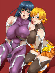 Rule 34 | 2girls, bare shoulders, black hair, black leotard, blonde hair, blue eyes, bodysuit, boots, breasts, covered erect nipples, earrings, gloves, grabbing another&#039;s breast, green eyes, groping, highres, igawa asagi, igawa sakura, impossible bodysuit, impossible clothes, jewelry, kneeling, large breasts, leotard, long hair, looking at viewer, multiple girls, navel, open mouth, purple bodysuit, purple gloves, red background, retorou, short hair, simple background, smile, stud earrings, taimanin (series), taimanin asagi, thigh boots