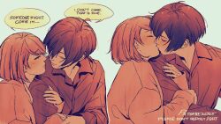 Rule 34 | 1boy, 1girl, arm hug, blue hair, blush, brown eyes, brown hair, closed eyes, closed mouth, collared shirt, commentary, couple, earrings, english commentary, english text, facing another, from side, holding another&#039;s arm, jewelry, kiss, long sleeves, looking at another, paaaatchieee, persona, persona 3, pink shirt, profile, sepia, shirt, short hair, sleeves past wrists, speech bubble, stud earrings, takeba yukari, upper body, yuuki makoto (persona 3)