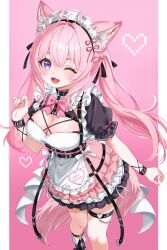 1girl 4kimizuki ;3 absurdres animal_ears antenna_hair belt belt_collar black_belt black_dress blush bow bowtie braid breasts chest_harness cleavage collar commentary dress fingernails hakui_koyori hakui_koyori_(dark_maid) harness heart heart_o-ring highres hololive key large_breasts long_hair looking_at_viewer maid_headdress nail_polish o-ring o-ring_harness o-ring_thigh_strap one_eye_closed open_mouth pillarboxed pink_background pink_bow pink_bowtie pink_dress pink_hair pink_nails purple_eyes short_sleeves smile solo symbol-only_commentary tail thigh_strap thighs twintails underbust virtual_youtuber white_bow wolf_ears wolf_girl wolf_tail wrist_belt