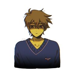 Rule 34 | 1boy, :|, absurdres, antenna hair, arms at sides, black eyes, blue sweater, bright pupils, brown hair, bu3hgg, chromatic aberration, closed mouth, cropped torso, dot nose, double-parted bangs, facing viewer, film grain, hair behind ear, hair between eyes, halftone, hero (faraway) (omori), hero (omori), highres, looking down, looking to the side, male focus, omori, shaded face, short hair, simple background, solo, straight-on, sweater, twitter username, v-neck, white background, white pupils